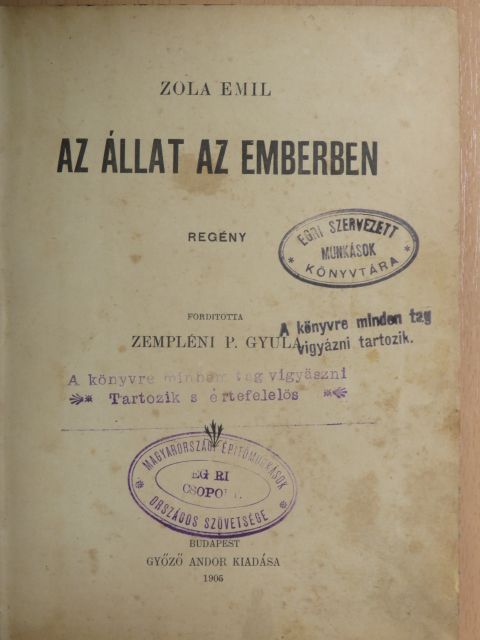 Zola Emil - Az állat az emberben [antikvár]