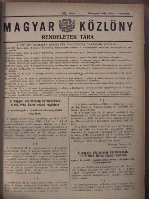 Magyar Közlöny 1948. (nem teljes évfolyam) [antikvár]