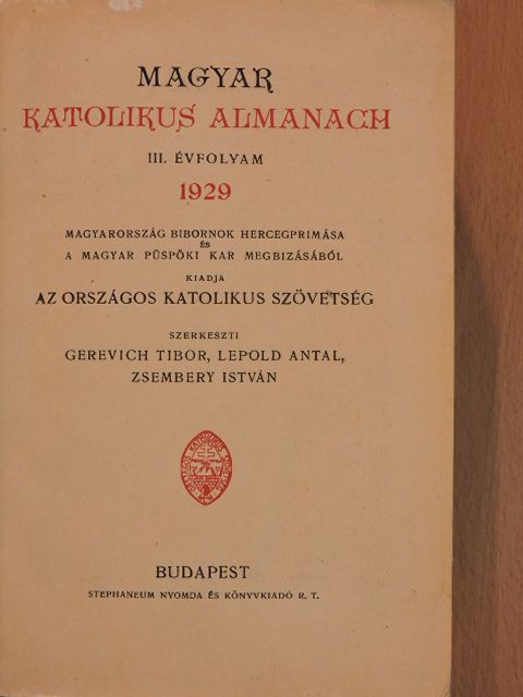 Áldásy Antal - Magyar Katolikus Almanach 1929. [antikvár]