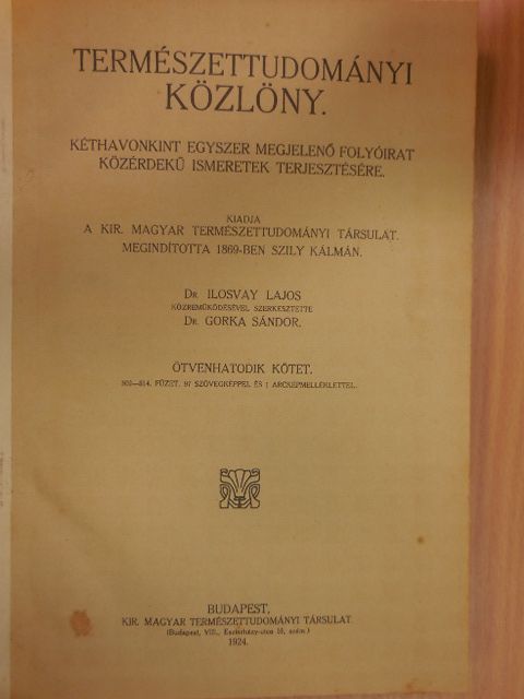 'Sigmond E. - Természettudományi Közlöny 1924. január-december/Pótfüzetek a Természettudományi Közlönyhöz 1924. január-december [antikvár]