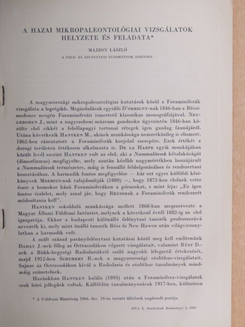 Majzon László - A hazai mikropaleontológiai vizsgálatok helyzete és feladata [antikvár]