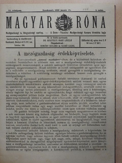 Dr. Gesztelyi Nagy László - Magyar Róna 1933. január-december [antikvár]