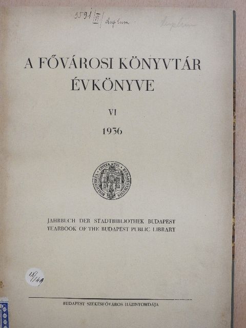 Koch Lajos - A Fővárosi Könyvtár Évkönyve 1936.  [antikvár]