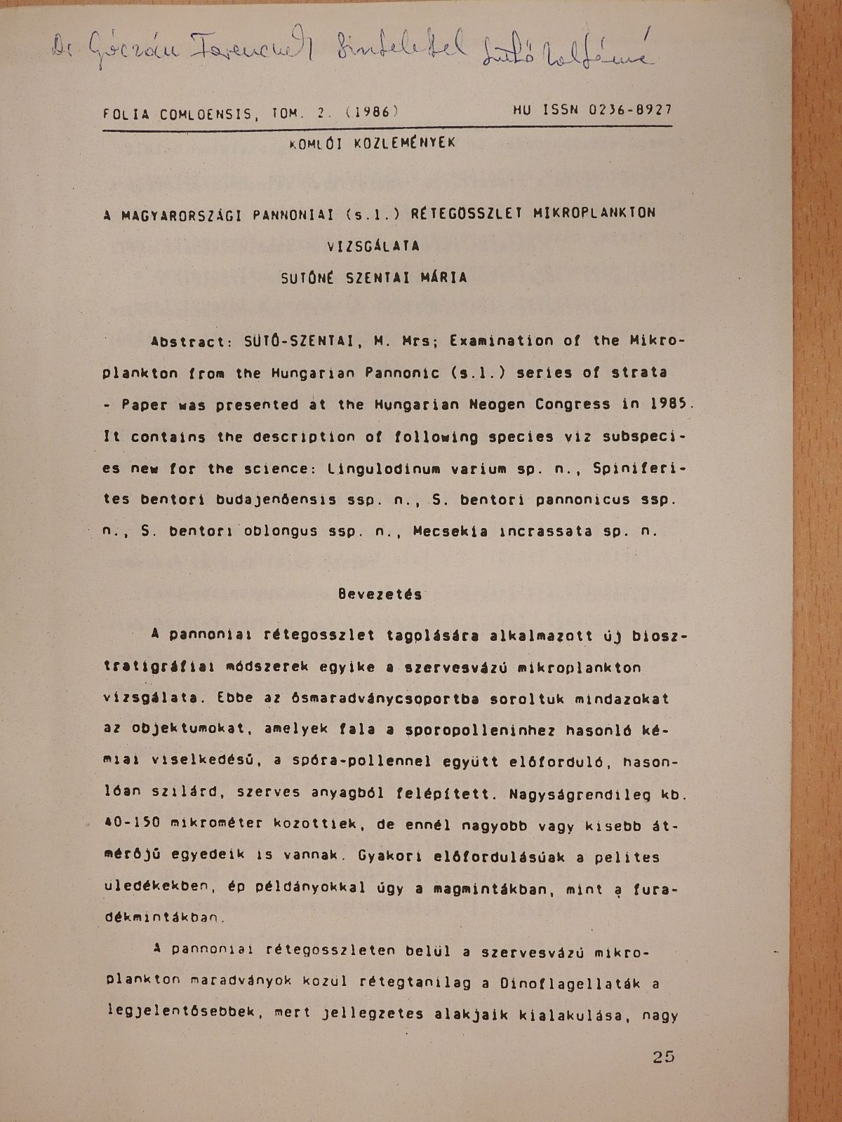 Sütőné Szentai Mária - A magyarországi pannoniai (s.l.) rétegösszlet mikroplankton vizsgálata (dedikált példány) [antikvár]