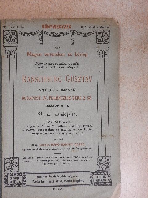 Könyvjegyzék 1912. február-márczius [antikvár]