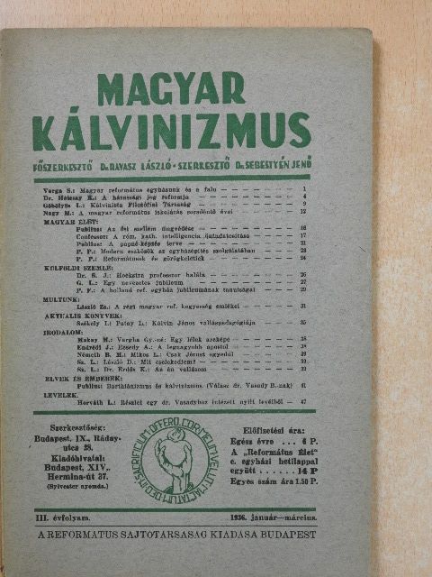 László Zs. - Magyar Kálvinizmus 1936. január-március [antikvár]