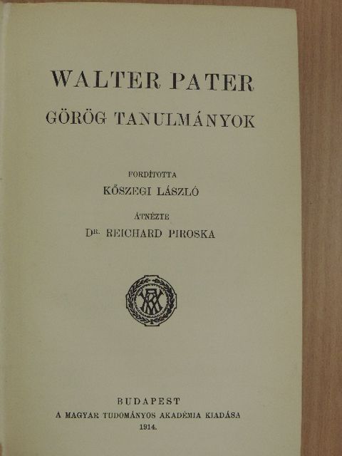 Walter Pater - Görög tanulmányok [antikvár]