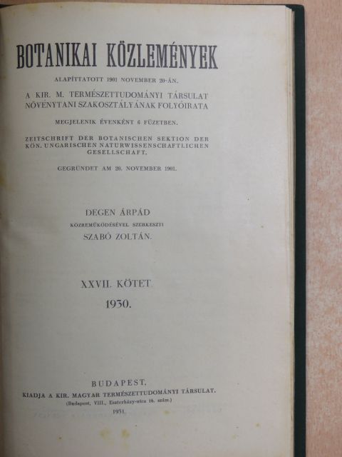 Cholnoky B. - Botanikai közlemények 1930/1-6. [antikvár]