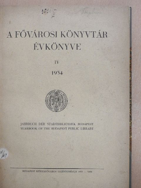 Drescher Pál - A Fővárosi Könyvtár Évkönyve 1934.  [antikvár]