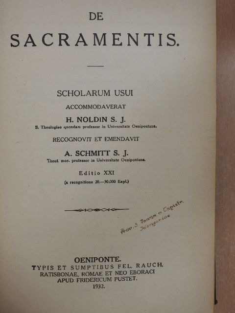 H. Noldin S. J. - De Sacramentis  [antikvár]