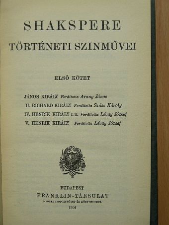 Shakspere - Shakspere történeti szinművei I. (töredék) [antikvár]
