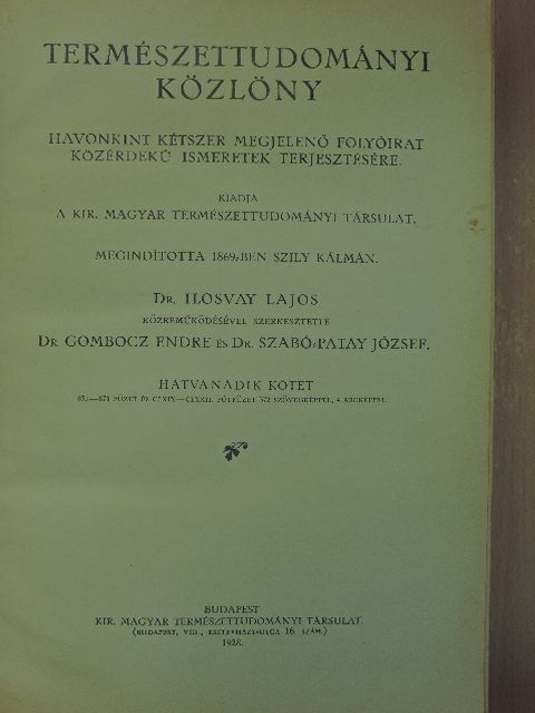 Természettudományi Közlöny 1928. január-december/Pótfüzetek a Természettudományi Közlönyhöz 1928. január-december [antikvár]
