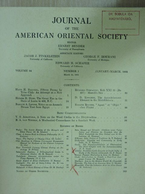 Chi - Journal of the American Oriental Society January-March 1964 (Bobula Ida könyvtárából) [antikvár]