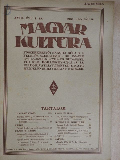 Bangha Béla S. J. - Magyar Kultúra 1931. január 5. [antikvár]