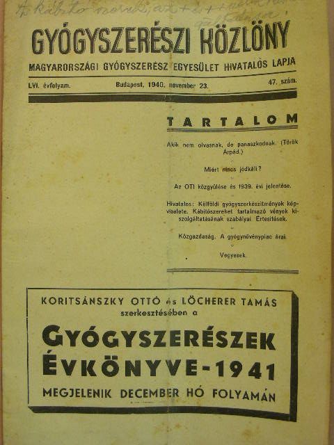 Török Árpád - Gyógyszerészi Közlöny 1940. november 23. [antikvár]
