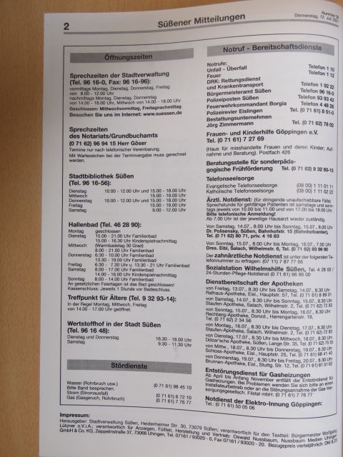 Süßener Mitteilungen Donnerstag, 12. Juli 2001 [antikvár]