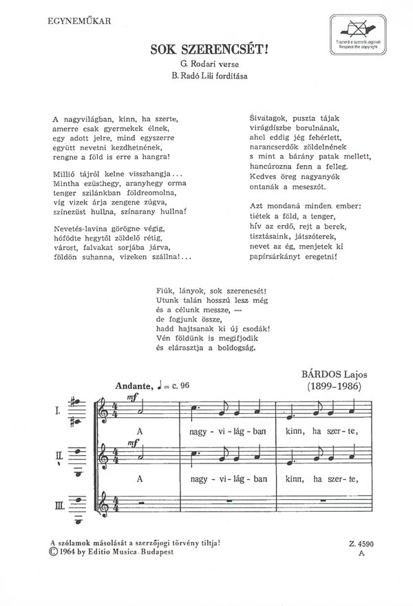 BÁRDOS LAJOS - SOK SZERENCSÉT - EGYNEMŰKARRA