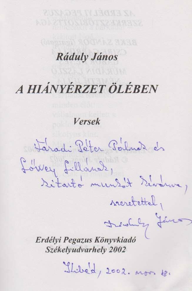 Ráduly János - A hiányérzet ölében (dedikált) [antikvár]