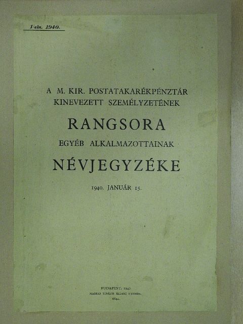 A M. Kir. Postatakarékpénztár kinevezett személyzetének rangsora, egyéb alkalmazottak névjegyzéke [antikvár]