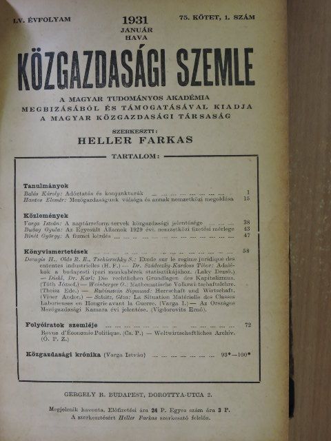 Andor Endre - Közgazdasági Szemle 1931. január-december [antikvár]