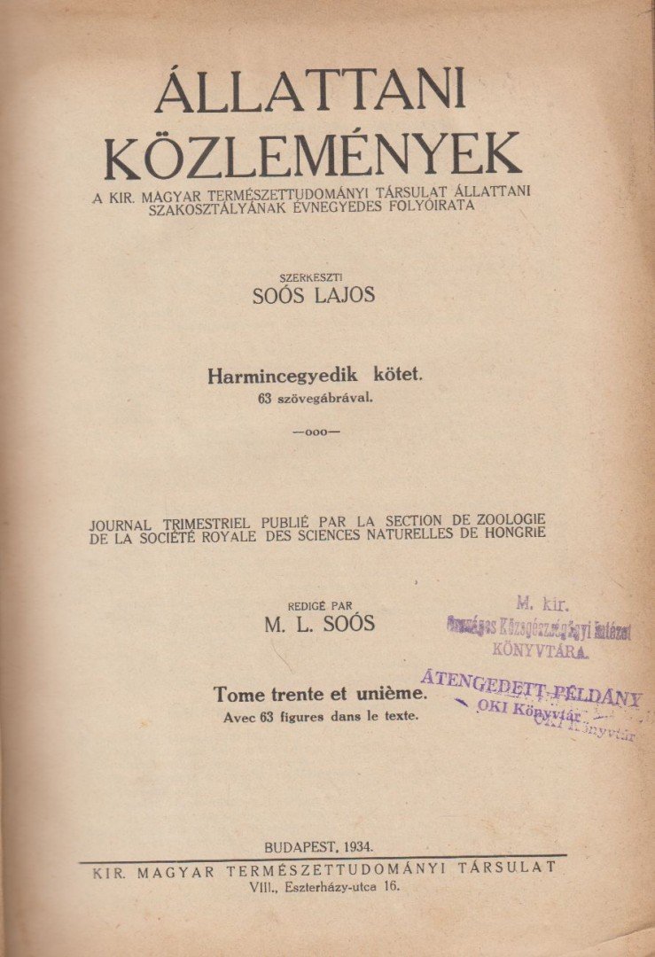 Soós Lajos - Állattani Közlemények 31. kötet 1934/1-4., 1935/1-4. [antikvár]