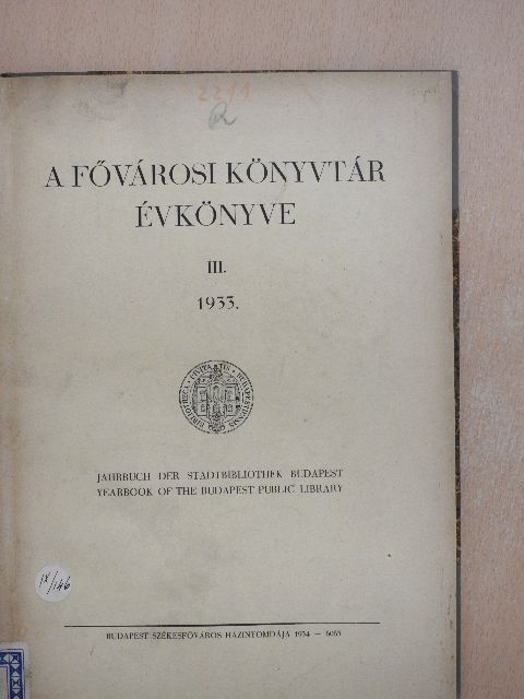 Homa Gyula - A Fővárosi Könyvtár Évkönyve 1933. [antikvár]