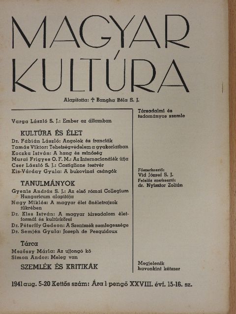 Cser László S. J. - Magyar Kultúra 1941. augusztus 5-20. [antikvár]