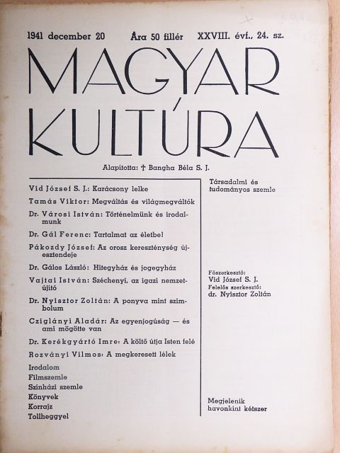 Dr. Gál Ferenc - Magyar Kultúra 1941. december 20. [antikvár]