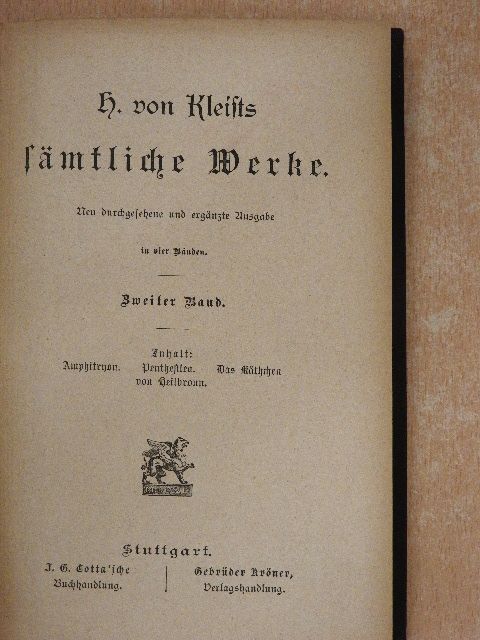 H. von Kleist - H. von Kleists sämtliche Werke in vier Bänden II. (gótbetűs) (töredék) [antikvár]