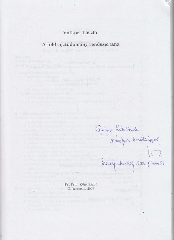 VOFKORI LÁSZLÓ - A földrajztudomány rendszertana (Dedikált) [antikvár]