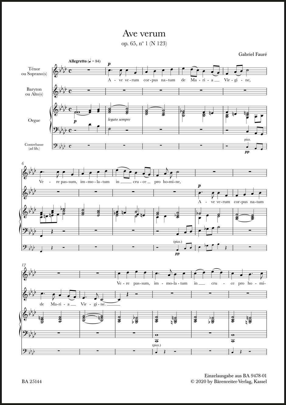 FAURÉ - AVE VERUM OP.65, NO 1 (N 123) FOR TENOR (OR SOPRANOS) AND BARITON (OR ALTOS)