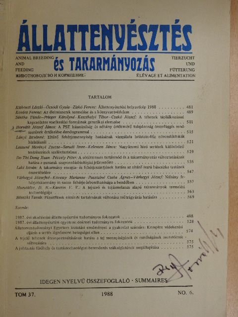 Horváth József János - Állattenyésztés és takarmányozás 1988/6. [antikvár]