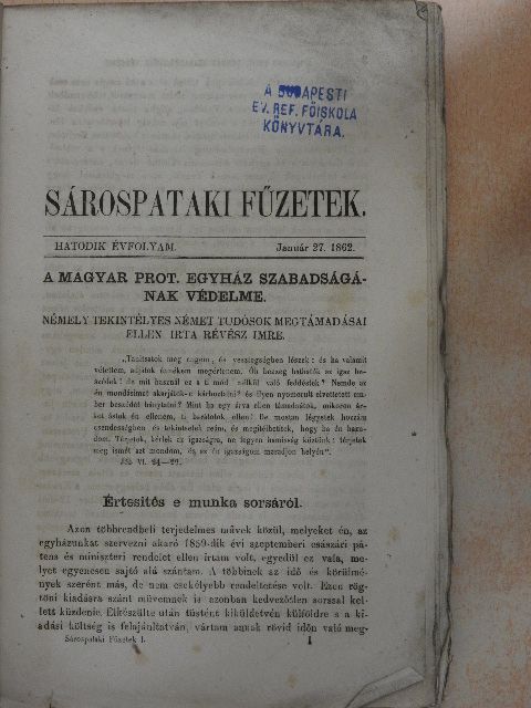 Baló Benjámin - Sárospataki Füzetek 1862. január 27. [antikvár]