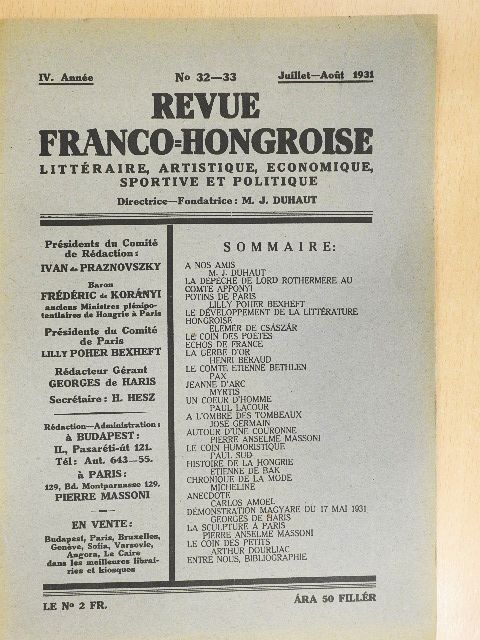 Carlos Amoel - Revue Franco-Hongroise Juillet-Aout 1931 [antikvár]