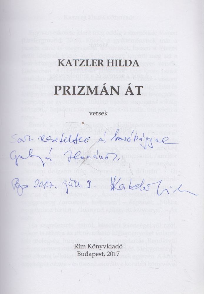 KATZLER HILDA - Prizmán át (dedikált) [antikvár]
