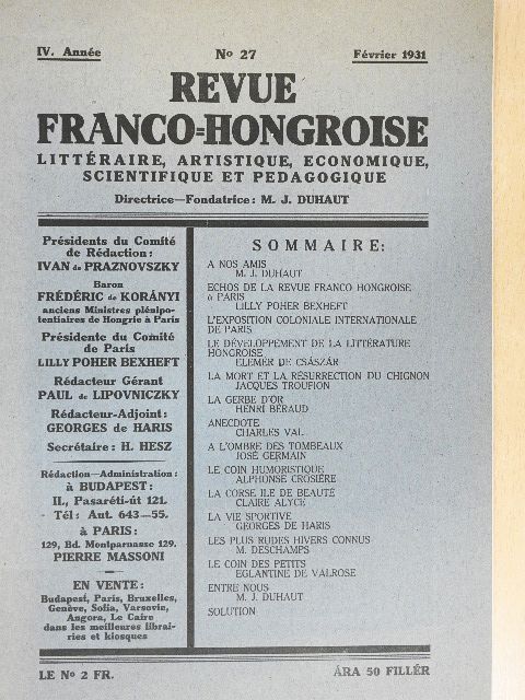 Elemér de Császár - Revue Franco-Hongroise Février 1931 [antikvár]
