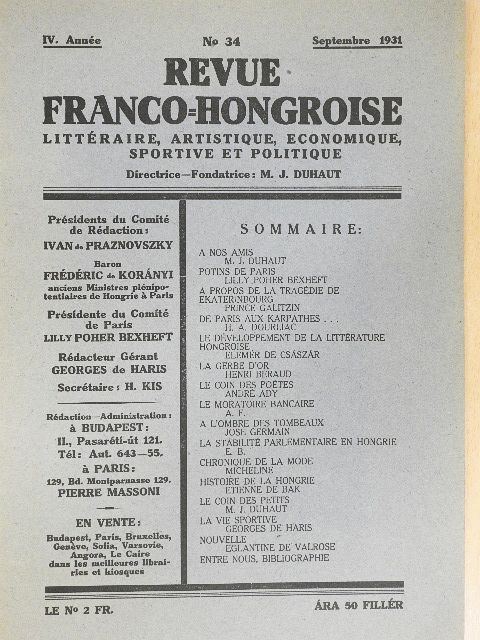 Elemér de Császár - Revue Franco-Hongroise Septembre 1931 [antikvár]