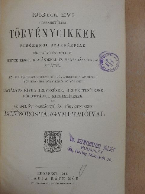1913-dik évi országgyűlési törvénycikkek [antikvár]