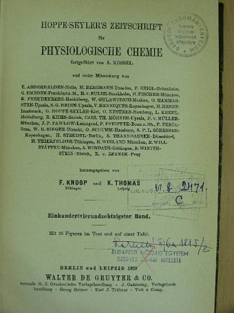 Hoppe-Seyler's Zeitschrift für Physiologische Chemie 1929 [antikvár]