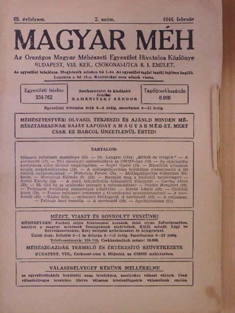Cserny János - Magyar Méh 1944. február [antikvár]
