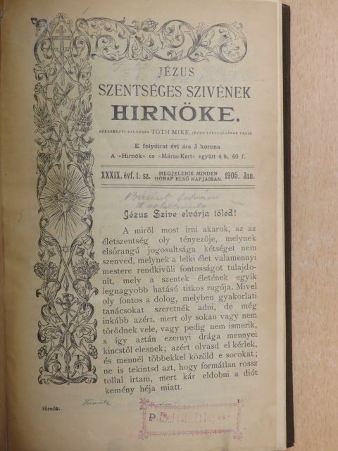 Bangha Béla - Jézus Szentséges Szivének Hirnöke 1905. január-december [antikvár]