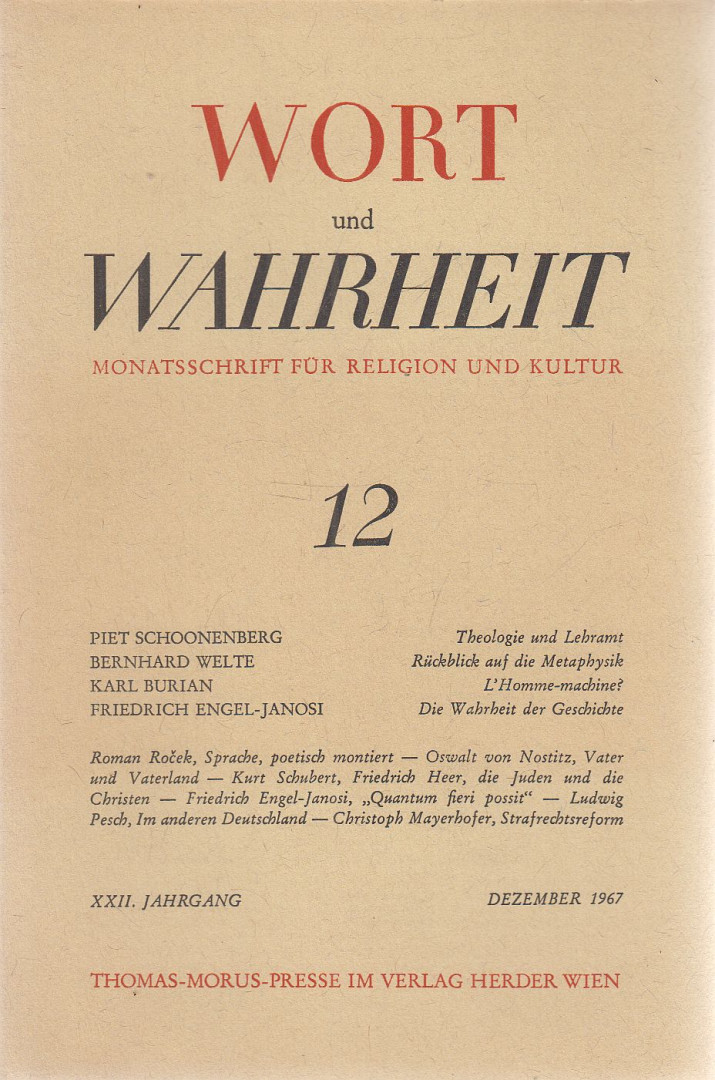 Otto Schulmeister - Wort und Wahrheit Heft 12 Dezember 1967 [antikvár]