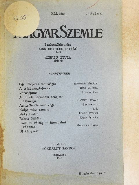 Biró Sándor - Magyar Szemle 1941. szeptember [antikvár]