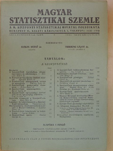 Dr. Barsy Gyula - Magyar Statisztikai Szemle 1945. január-június [antikvár]