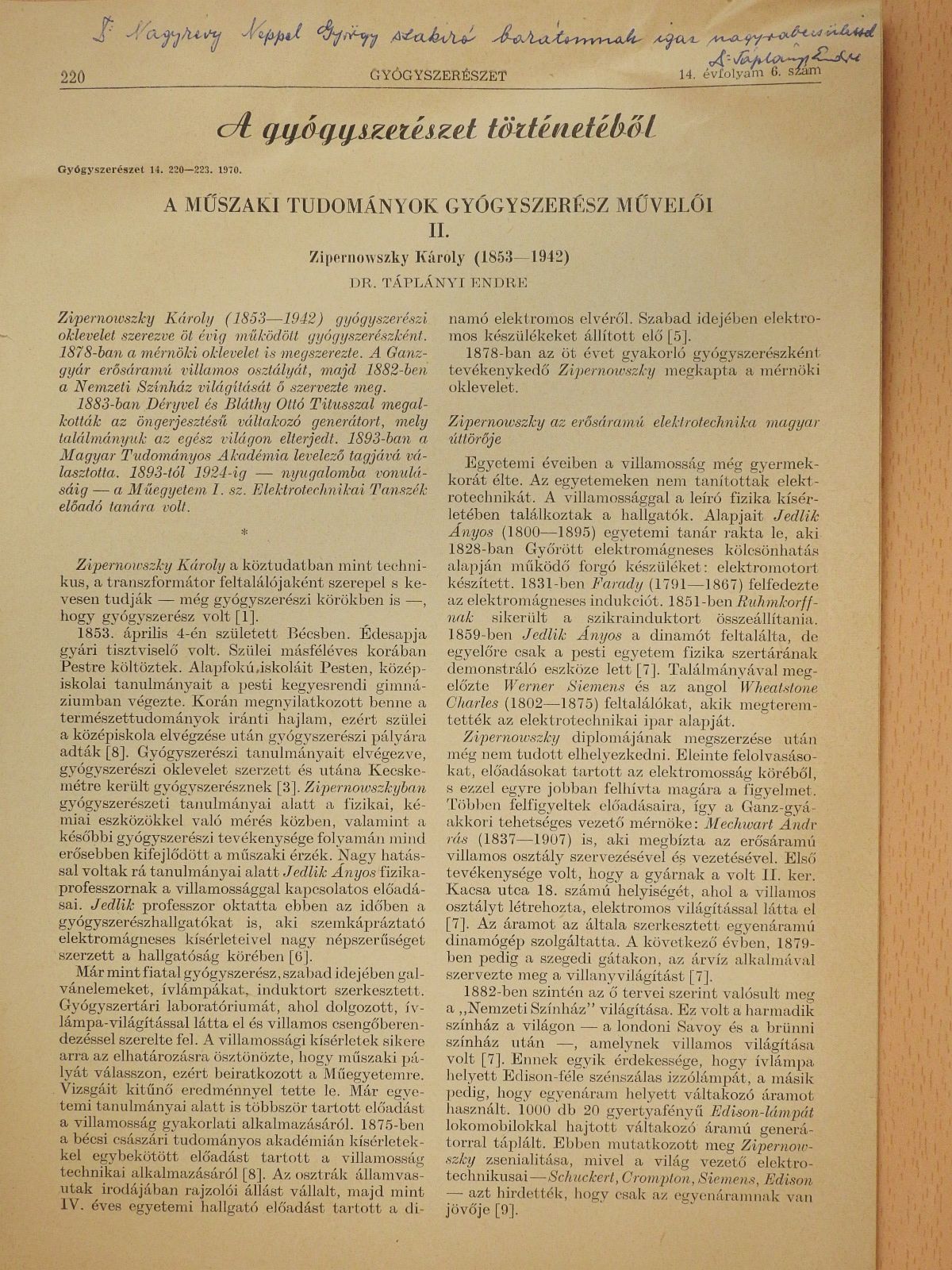 Dr. Táplányi Endre - A műszaki tudományok gyógyszerész művelői II. (dedikált példány) [antikvár]