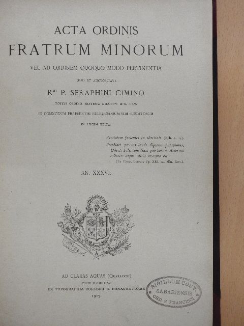 Acta Ordinis Fratrum Minorum Ianuarii-Decembris 1917-1918 [antikvár]