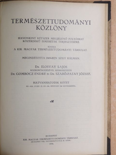 Dr. Kollarits Jenő - Természettudományi Közlöny 1934. január-december [antikvár]