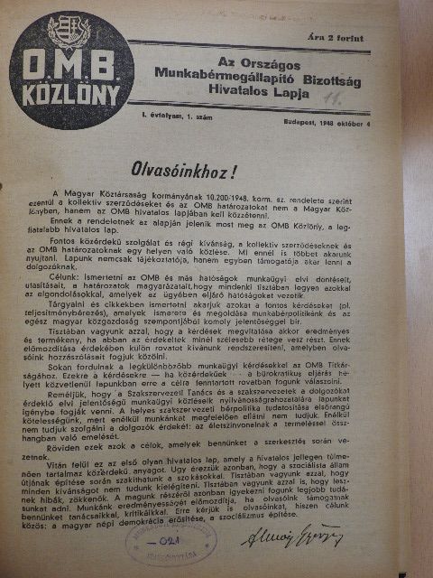 Dékán Sándor - O.M.B. Közlöny 1948. október-december [antikvár]