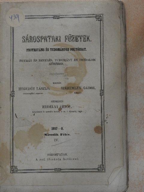 É. A. - Sárospataki Füzetek 1858. február 25. [antikvár]