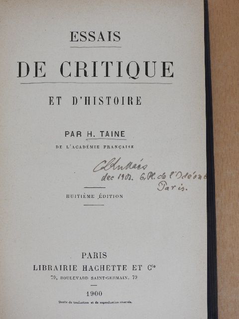 H. Taine - Essais de Critique et d'Histoire [antikvár]